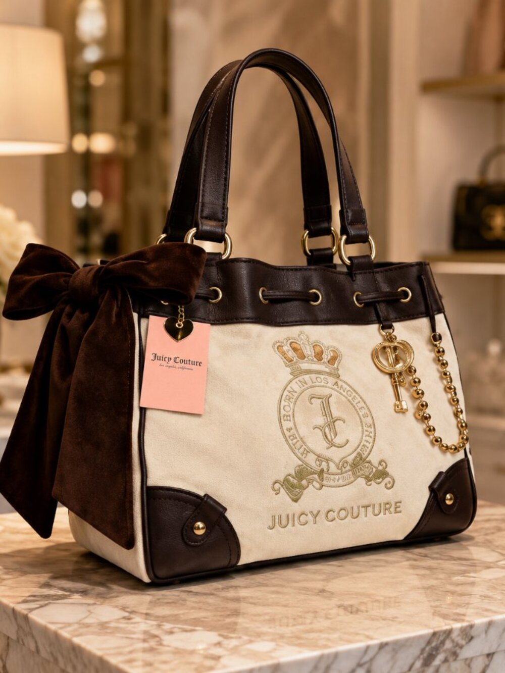 Juicy Couture Daydreamer Velour Tote Brown Cream Crown Crest NWT